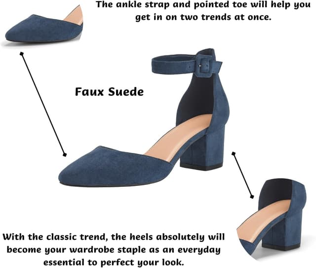 Detalle 2 de LAICIGO Women’s Pointed Toe Pumps with Ankle Strap and Chunky Block Heel