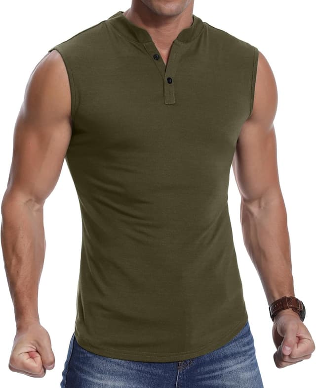 Detalle de PCEAIIH Men’s Sleeveless Henley Vest Sports Tank (65% rayon / 35% polyester) – slim fit running & gym top