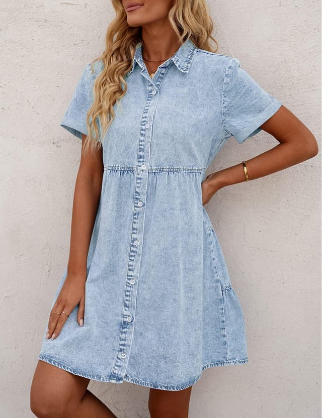 Detalle de GRAPENT Denim Dress for Women Babydoll Tiered Short Sleeve Button-Down Jean Shirt Dress