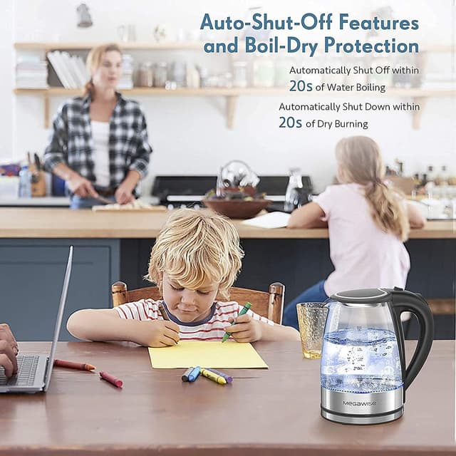 Detalle de MEGAWISE 1.8L Healthy Electric Kettle (1800W) Borosilicate Glass, BPA-Free, Auto Shut-Off & Boil-Dry Protection