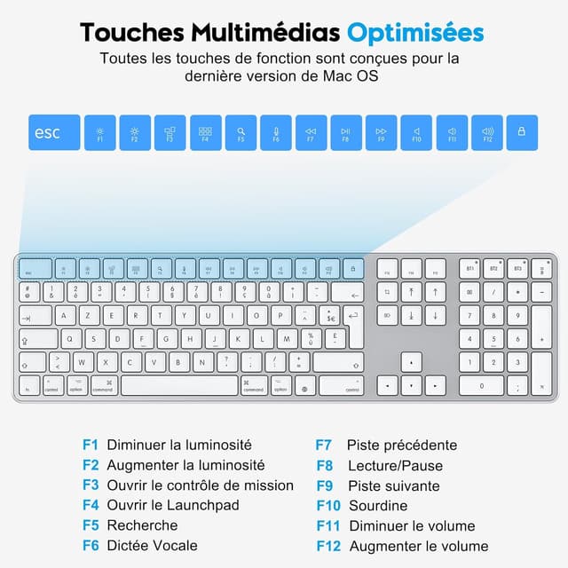 Detalle de OMOTON Clavier Bluetooth sans fil pour Mac AZERTY rechargeable (3 canaux) – Argent