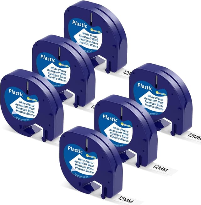 Detalle de Markurlife kompatibles DYMO LetraTag Etikettenband A91221 (12 mm x 4 m, wasser- und UV-beständig) – 6er Pack