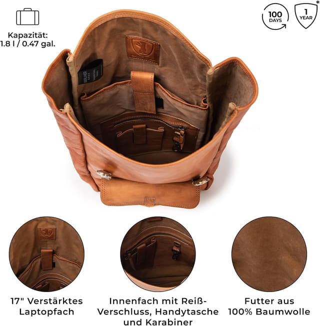 Detalle 2 de Berliner Bags Vintage Rucksack „Leeds M“ aus Leder mit 15-Zoll-Laptopfach – Fahrradrucksack mit Rolltop