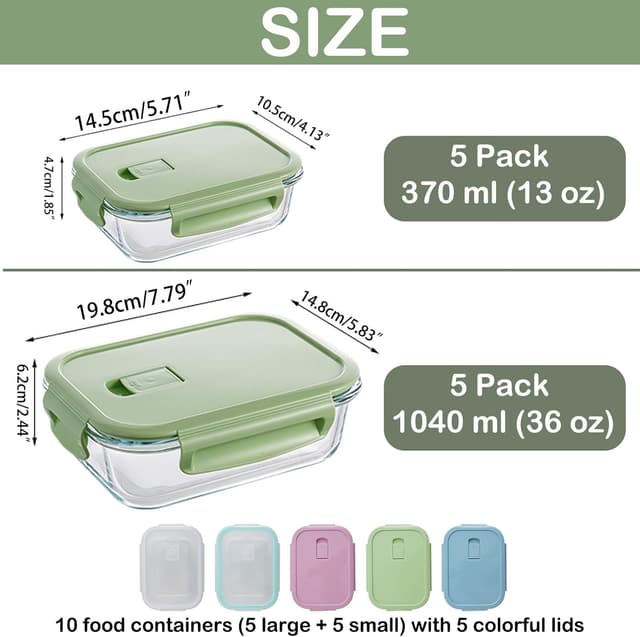 Detalle 1 de MerryNine Glass Food Storage Containers 10-Pack (1040ml & 370ml) with Airtight Leakproof Lids
