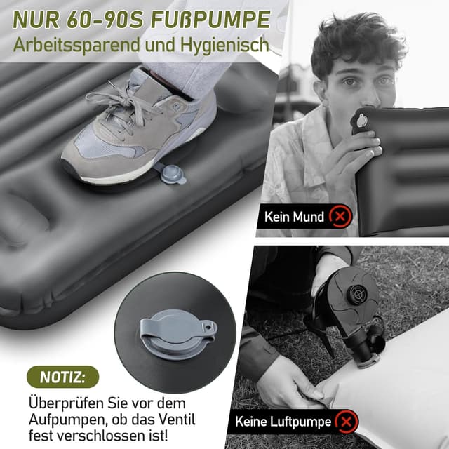 Detalle de JEMULICE Isomatte Camping (200×68×12 cm) mit Fußpumpe – ultradicke, wasserdichte Schlafmatte fürs Zelt