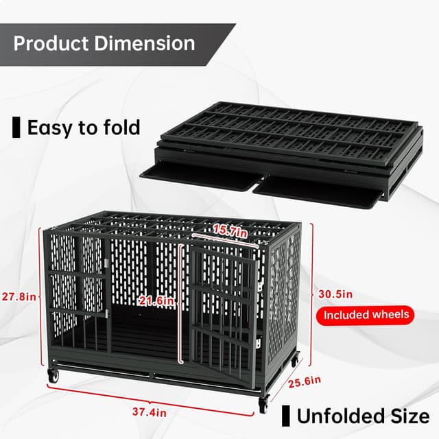Detalle de Snuowu 38 Inch Heavy Duty Dog Crate with Wheels (Folding Metal, Removable Tray) for Large & Medium Dogs