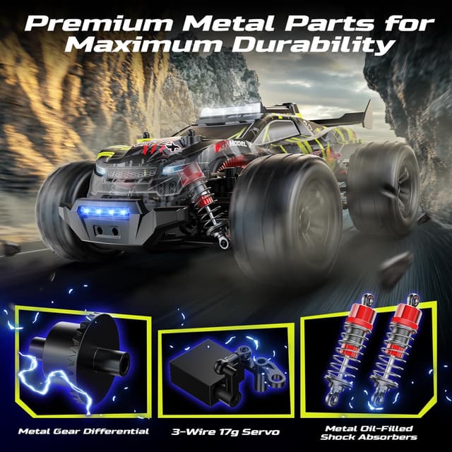 Detalle de DEERC Voiture Télécommandée Brushless 1:14 4WD tout-terrain jusqu’à 43 MPH, LED 7 couleurs