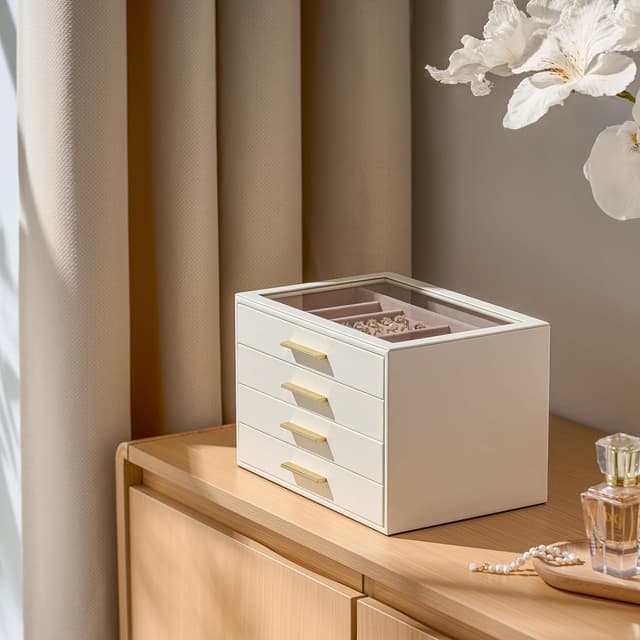 Detalle de pickpiff 4-Layer Jewellery Box Organiser Case with Glass Window (Ivory Leather, Pink Velvet)