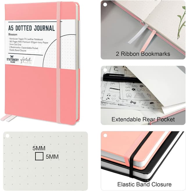 Detalle 2 de STATIONERY ISLAND Bullet Dotted Journal A5 (Hardcover, 120gsm) – Thick dotted notebook with pocket