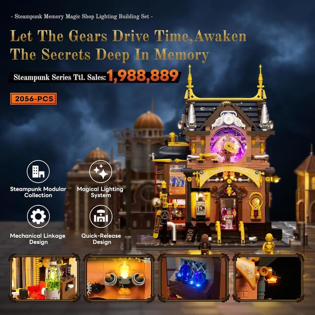 Detalle de Lumibricks Steampunk Memory Magic Zauberladen beleuchtetes Bauset (2056 Teile) – viktorianisches Fantasy-Modularhaus