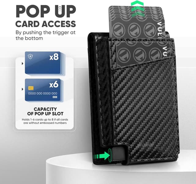 Detalle de VULKIT Pop Up Credit Card Holder Wallet for Men (RFID Blocking) – Carbon Black, Double Window Slots, Up to 12 Cards