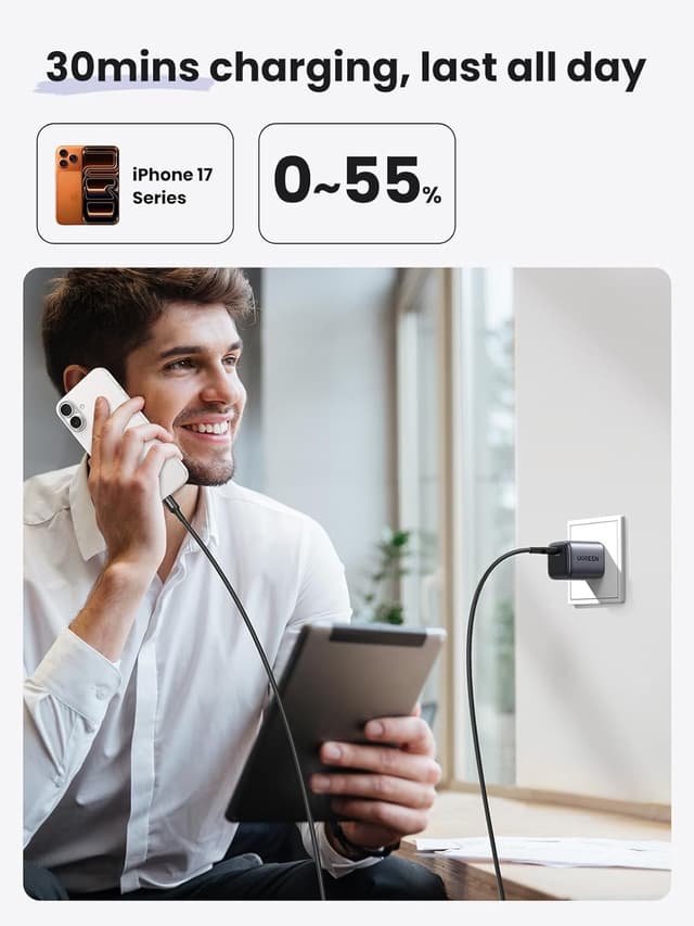 Detalle de UGREEN Nexode 30W USB-C Wall Charger (GaN, Foldable Plug, PPS) for iPhone & Galaxy & MacBook Air, Black