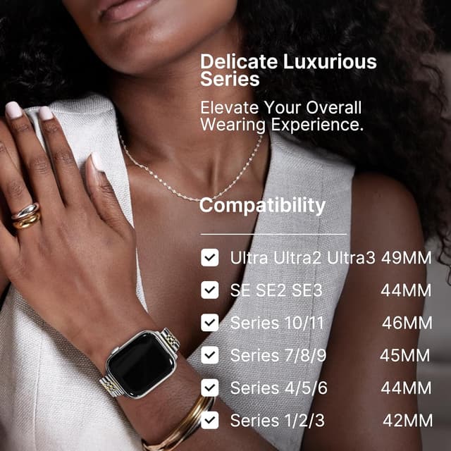 Detalle 2 de Fullmosa Slim Metal Straps for Apple Watch (46mm–49mm), 7‑link stainless steel bands for women, Silver & Gold