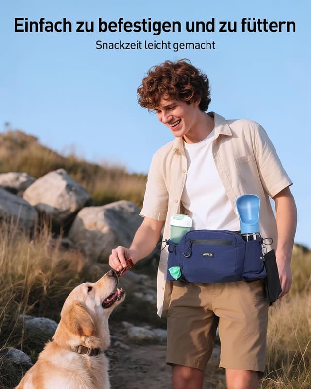 Detalle de AGPTEK Bauchtasche für Hunde mit Leckerli-Tasche, Kotbeutel-Spender und ausziehbaren Flaschenhaltern – Blau