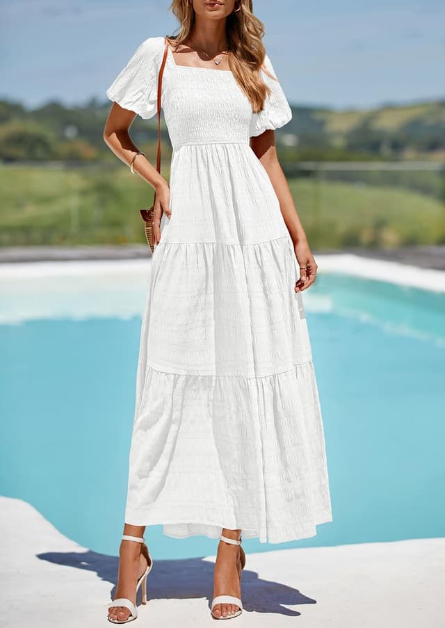 Detalle 2 de PRETTYGARDEN Women’s Summer Puff Short Sleeve Maxi Dress (Square Neck, Smocked Tiered Ruffle)