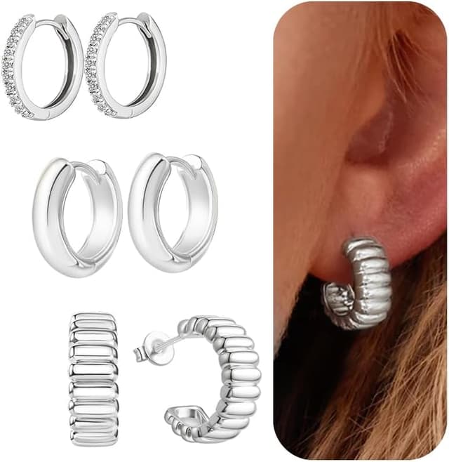 Detalle de jagosen 3 Paar Creolen Silber 925 / Gold-Optik mit Zirkonia – Set für durchstochene Ohrläppchen