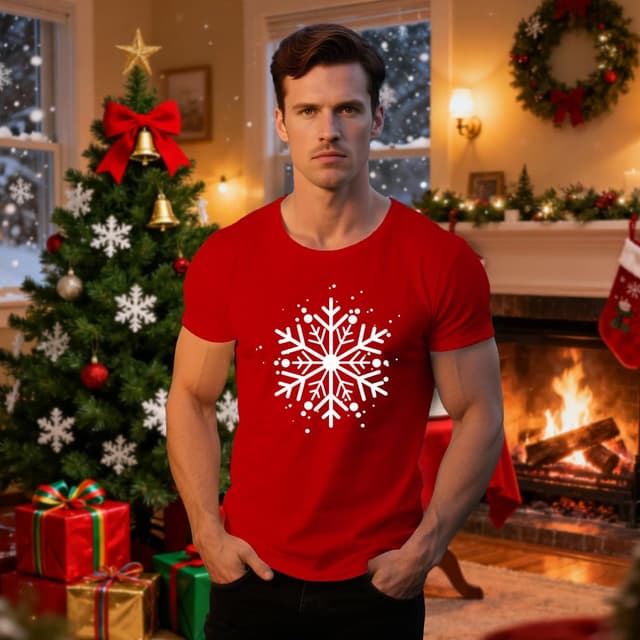 Detalle de Qskall Christmas T-Shirts for Men – Snowflake holiday tee in deep green or red