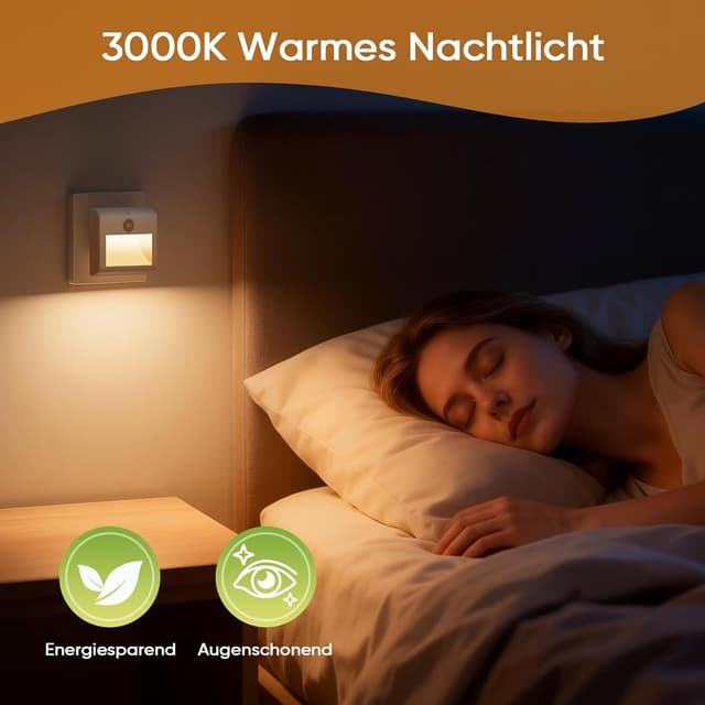Detalle de Suright 2er-Set Nachtlicht-Steckdose mit Bewegungsmelder, warmweißes LED-Licht (3000K), 3 Modi & stufenlose Dimmung