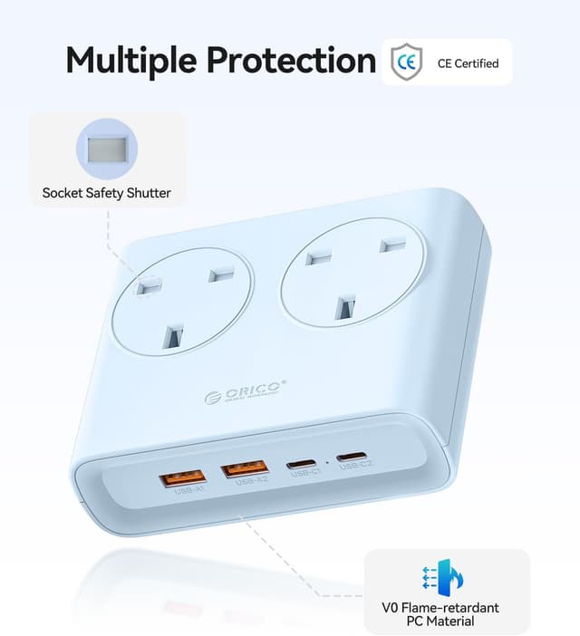 Detalle 1 de ORICO PD 20W Extension Lead with USB Slots (2 AC sockets, 2 USB-C, 2 USB-A) – 1.6m desk power strip