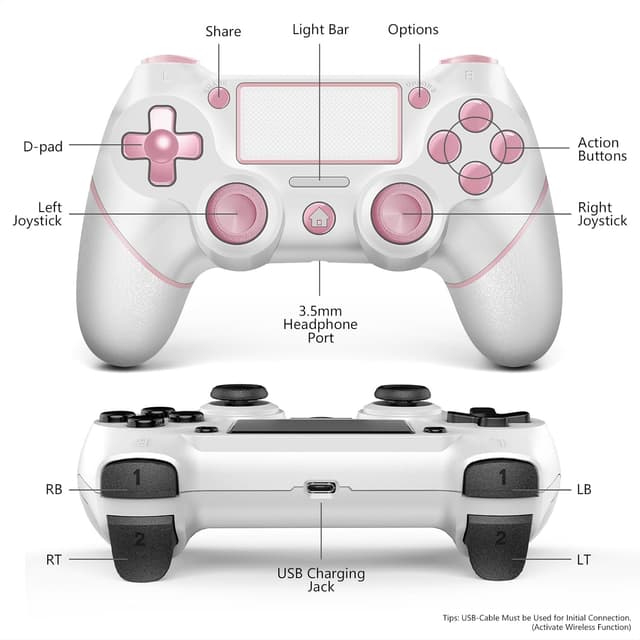 Detalle 2 de AceGamer 2er-Set Wireless Controller für PS4/PS4 Pro/PS4 Slim & PC (Rosa/Weiß) mit Turbo, Touchpad und 6-Achsen-Gyro