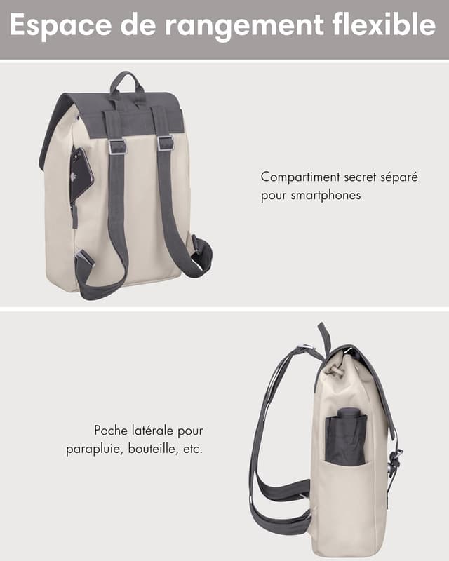 Detalle de LARKSON Sac à dos femme petit Ida : sac compact pour l’université, avec compartiment ordinateur 13 pouces