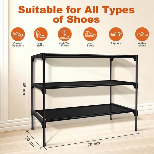 Detalle de LINKINNO scarpiera a 3 ripiani impilabile in metallo, per 9 paia di scarpe (70 x 30 x 45 cm) color nero