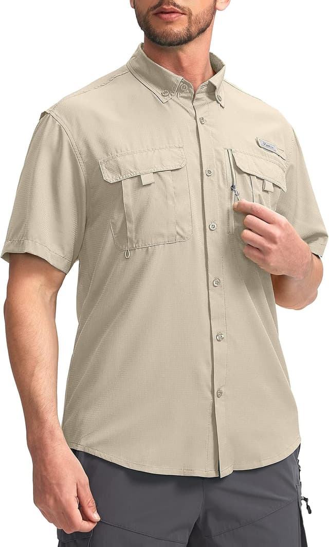 Detalle de Pudolla Men’s Short Sleeve Fishing Shirts with UPF50+ and Zipper Pockets