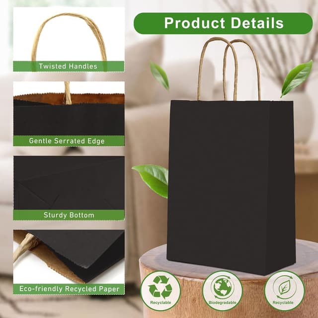 Detalle de Gucass 50er Set Mittelgroße Papiertüten mit Henkel (Schwarz Kraft), 21×11×27 cm