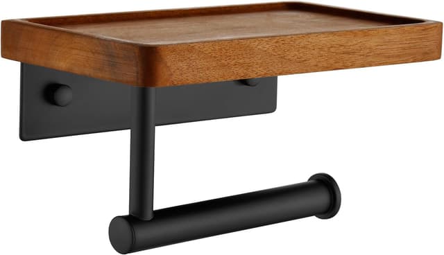 Detalle de QICAIFACAI Wall Mounted Toilet Roll Holder with Natural Solid Walnut Shelf – Self-Adhesive or Drilled Installation