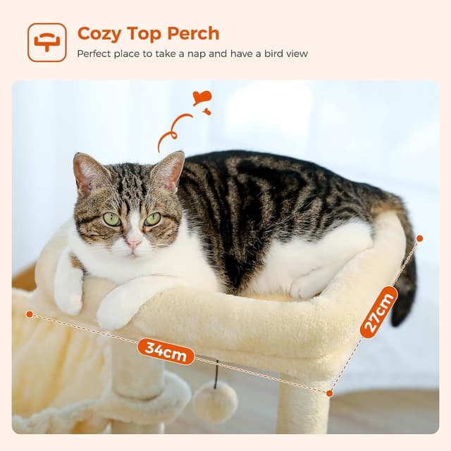Detalle de PAWZ Road Small Cat Tree (73cm) with Big Hammock, Removable Top Perch & Scratching Posts – Beige