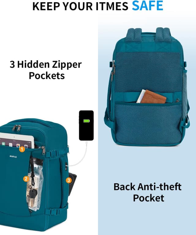 Detalle de ECOHUB 30L Handgepäck Rucksack für Flugzeug – diebstahlsicher & wasserdicht, Easyjet-Abmessungen (45x36x20 cm) – für Laptop bis 15,6 Zoll