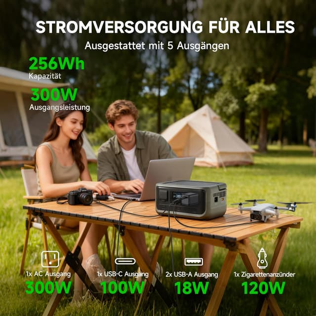 Detalle 2 de ALLPOWERS VOLIX P300 Tragbare Powerstation mit Solarpanel SE100 (256Wh, 300W Sinus) für Camping & Reisen