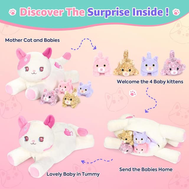 Detalle de shownicer Plüschtier Katzen-Familie: 5-teiliger Plüsch (Katze Mama + Vier Kätzchen) in Rosa