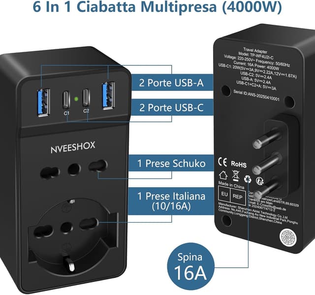 Detalle de NVEESHOX multipresa 6-in-1 da muro con 1 Schuko + 1 presa IT, USB-C PD 20W e protezione