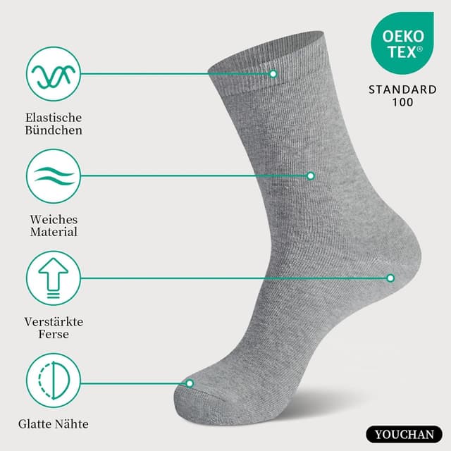 Detalle de YOUCHAN 10 Paar Business-Socken ohne Naht aus Baumwolle – atmungsaktiv und OEKO-TEX-zertifiziert