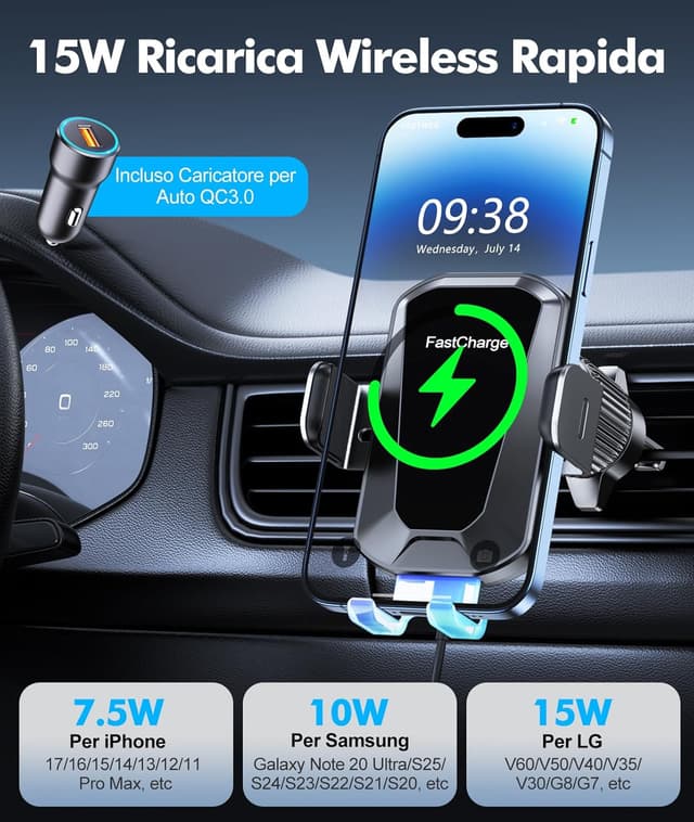 Detalle de EOIWUY caricatore wireless auto 15W con bloccaggio automatico 360°