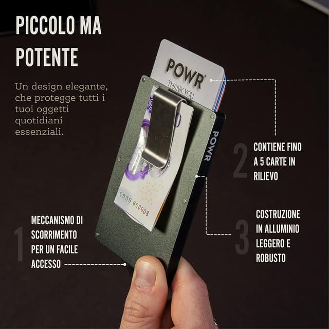 Detalle 2 de POWR RFID: porta carte uomo slim in metallo con blocco RFID e sistema di espulsione rapida