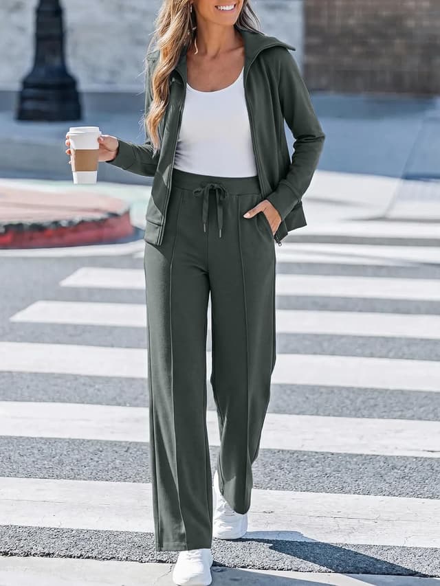 Detalle de Casly Lamiit 2-Piece Lounge Set for Women (Long Sleeve Zip-Up + Wide-Leg Sweatpants) — Spring Travel Outfit