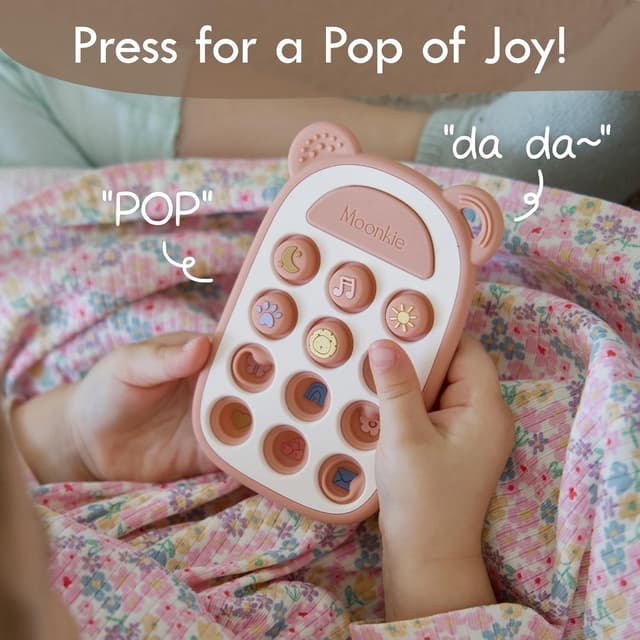 Detalle de Moonkie Silicone Phone Press Teether (Blush) — BPA-free teething toy for 3 months+