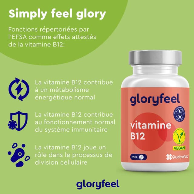Detalle de Gloryfeel Vitamine B12 200 comprimés – 1.000 mcg/jour, 2 formes bioactives dont hydroxocobalamine + acide folique 5-MTHF (Quatrefolic®)