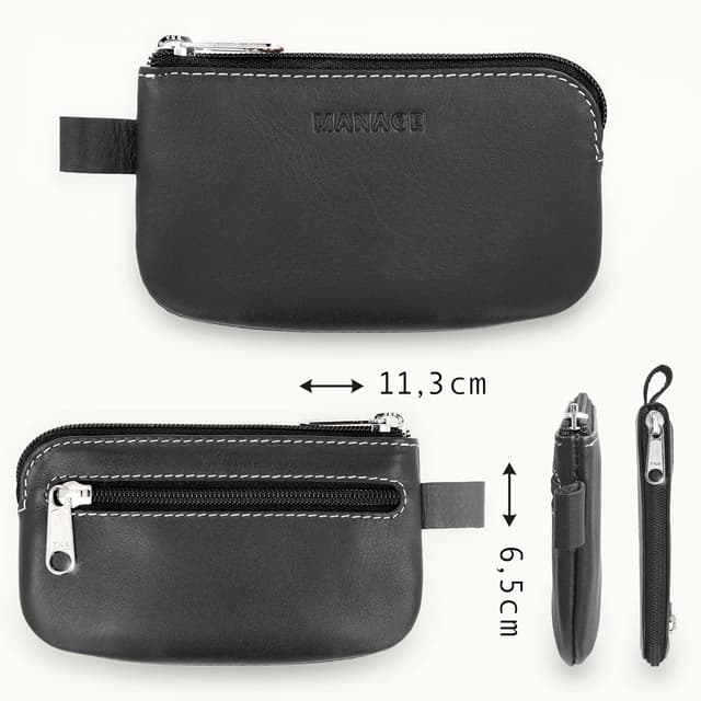Detalle de Schlüsseletui von MANAGE mit 2 Reißverschlussfächern aus echtem Leder für Damen und Herren