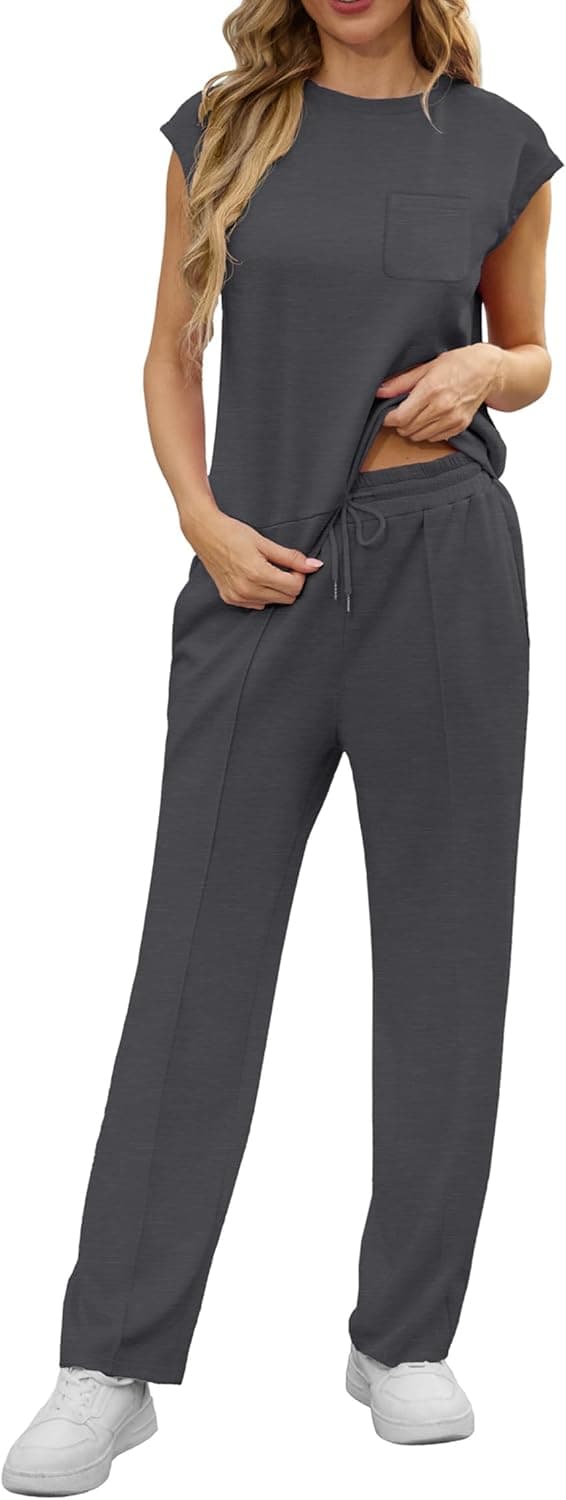 Detalle 2 de GRECERELLE two-piece summer lounge set for women: crew neck cap sleeve top and pocket joggers