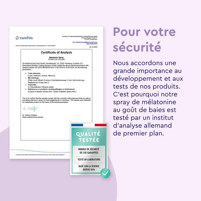 Detalle de Gloryfeel Spray Mélatonine Baies Premium (1 mg) avec B1 & B6, lavande, valériane et passiflore – sans alcool, sans sucre, vegan
