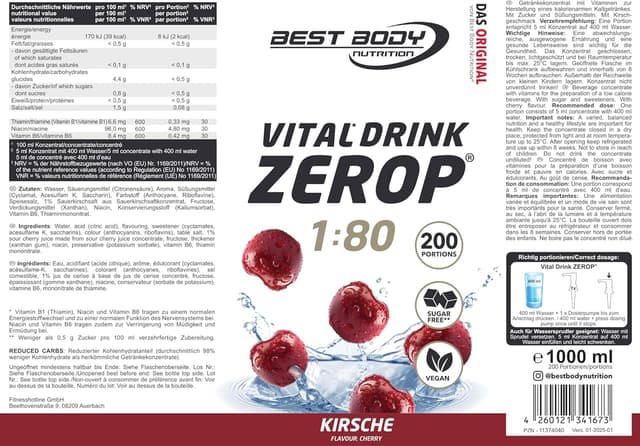 Thumbnail 4 de Best Body Nutrition Vital Drink ZEROP Kirsche Sirup 1.000 ml đ„€