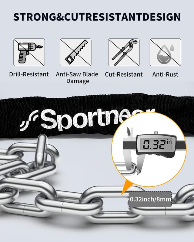 Detalle de Sportneer lucchetto a catena per bici in acciaio temprato con 2 chiavi, 8 mm x 120 cm