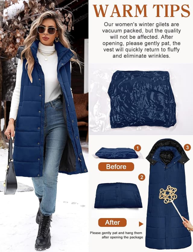 Detalle de Tuopuda Damen Steppweste lang mit Kapuze – warme Übergangsweste mit Reißverschluss