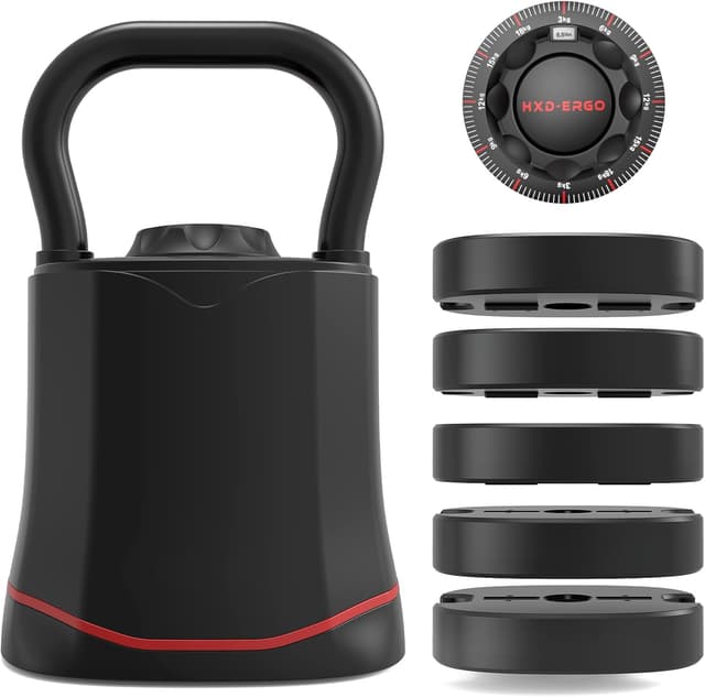 Detalle de HXD-ERGO Adjustable Kettlebell Set 6-in-1 (3–18kg) with handle and space-saving safety lock system