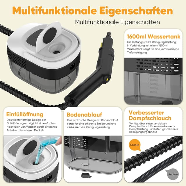 Detalle de Dampfreiniger mit 3-stufig einstellbarem Griff, 1,6-L-Wassertank und 17 Zubehörteilen