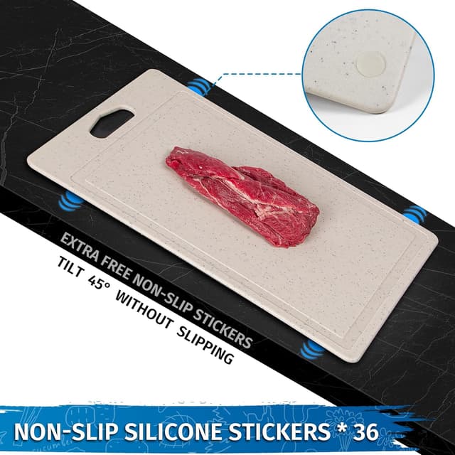 Detalle 2 de DIFULI Schneidebrett Set 3-teilig Granitoptik (PP, BPA-frei) mit Saftkanal, Griff und rutschfesten Silikonaufklebern