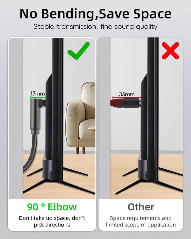Detalle de GELRHONR 90-Grad optisches Audiokabel (Toslink) für Soundbar, TV & Heimkino – rechtwinklig, 3 m